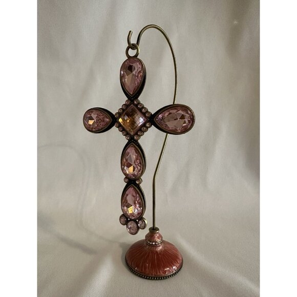 Kirklands Pink With Gold/Brass Colored Stone Cross With Pink/Metal Stand Holder - Picture 13 of 16